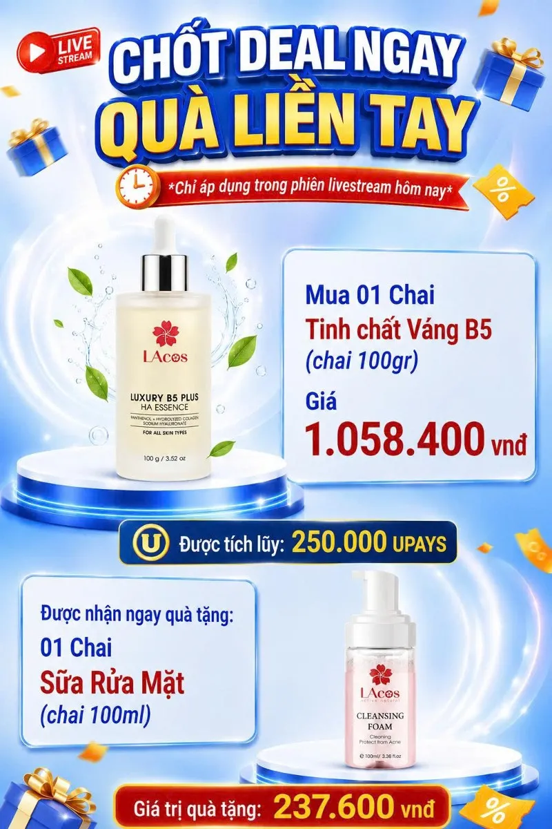 MUA 1 TINH CHẤT VÀNG DƯỠNG DA LACOS TẶNG NGAY 1 SỮA RỬA MẶT LACOS