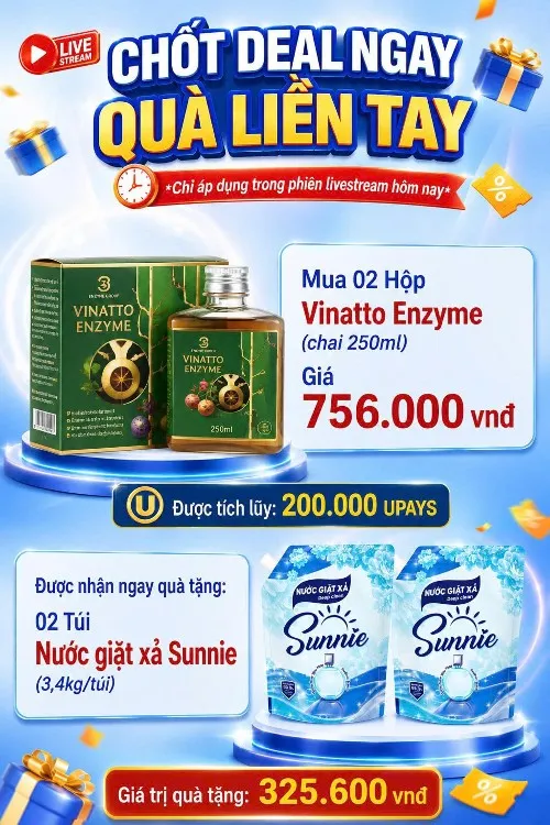MUA 2 HỘP VINATTO ENZYME TẶNG NGAY 2 TÚI NƯỚC GIẶT SUNNIE