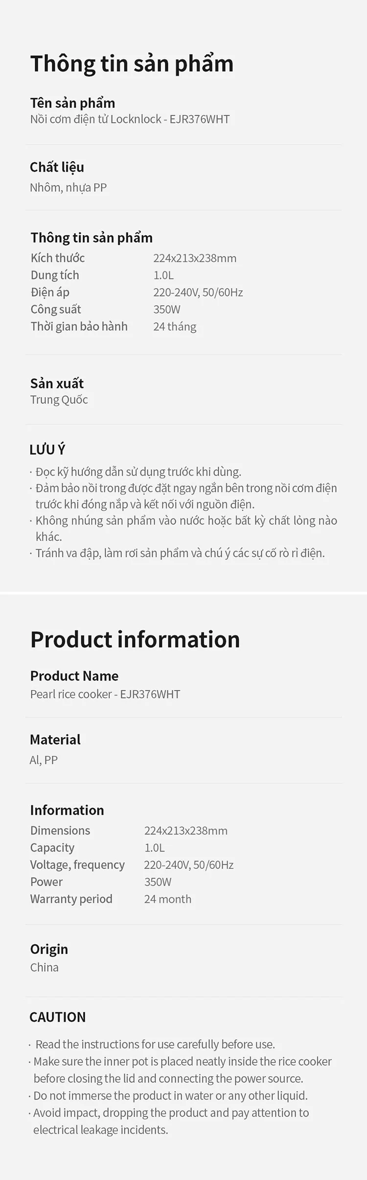 Nồi cơm điện tử Locknlock Pearl rice cooker 220-240V, 50-60Hz, 350W, 1.0L- Màu trắng - EJR376WHT