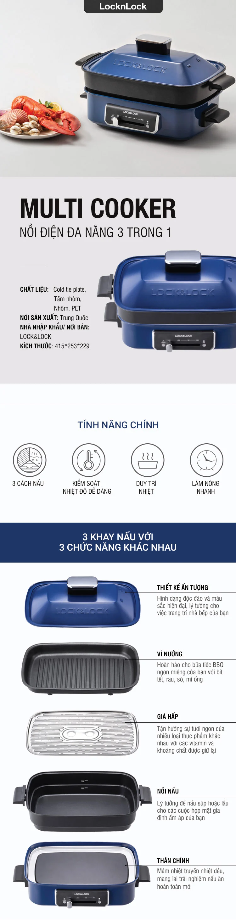 Nồi Điện Đa Năng LocknLock 2.5L - Màu Navy - EJG556