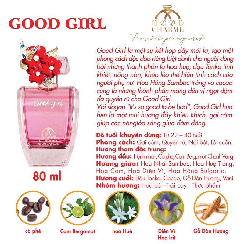 Nước Hoa Nữ Cao Cấp GOOD CHARME GOOD GIRL 80ml Lưu Hương Lâu Phong Cách Nhẹ Nhàng, Ngọt Ngào, Lôi Cuốn Chính Hãng