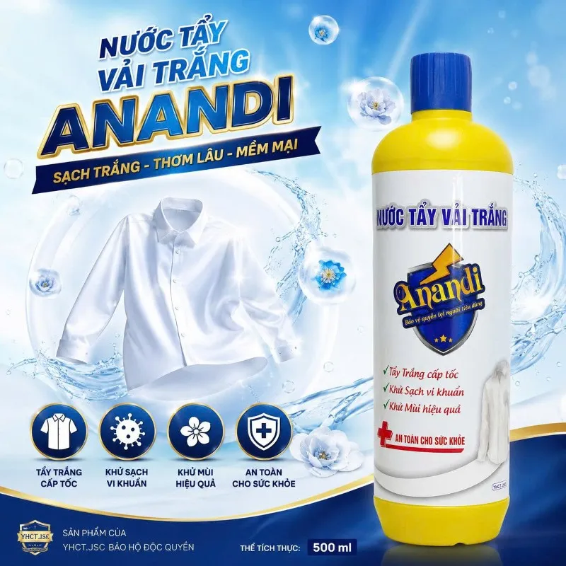 Nước Tẩy quần áo Anandi chính hãng tẩy trắng các vết ố vàng và mốc đen khử mùi hôi quần áo 550ml