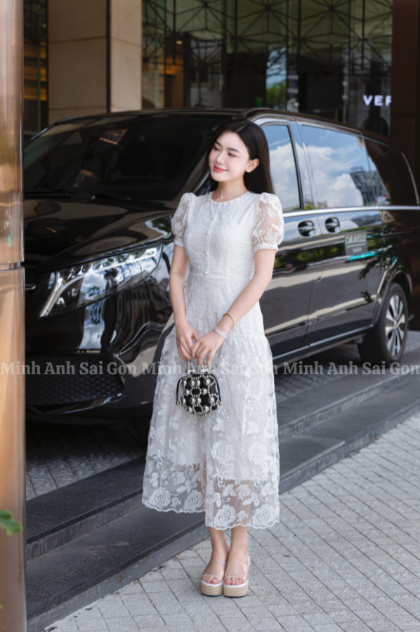 ĐẦM CỔ REN TƠ HOA TRẮNG MINH ANH 010425 - ĐẦM TƠ HOA TRẮNG TINH KHÔI, TRANG NHÃ