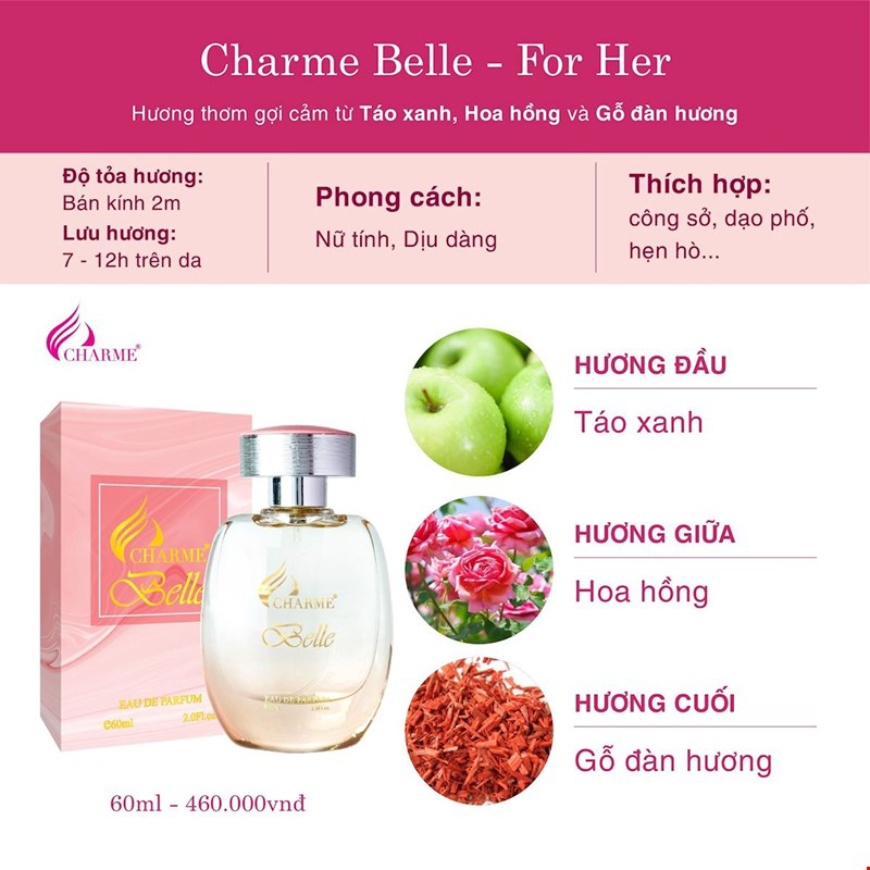 Nước Hoa Nữ CHARME BELLE 60ml Lưu Hương Lâu Phong Cách Thanh Lịch, Nhẹ Nhàng, Quyến Rũ, Tươi Mát Chính Hãng