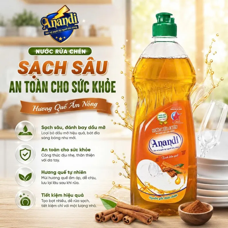 Nước rửa chén bát ANANDI dung tích 750ml -  An toàn cho da hương Quế