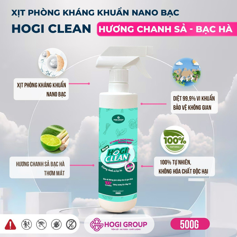 XỊT PHÒNG KHÁNG KHUẨN NANO BẠC HOGI CLEAN 500GR - HƯƠNG CHANH SẢ BẠC HÀ