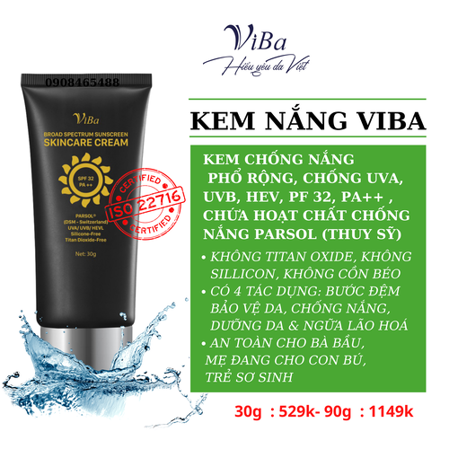 KEM CHỐNG NẮNG PHỔ RỘNG VIBA 90G SPF 32, PA++  chống tia UVA/UVB/ánh sáng xanh