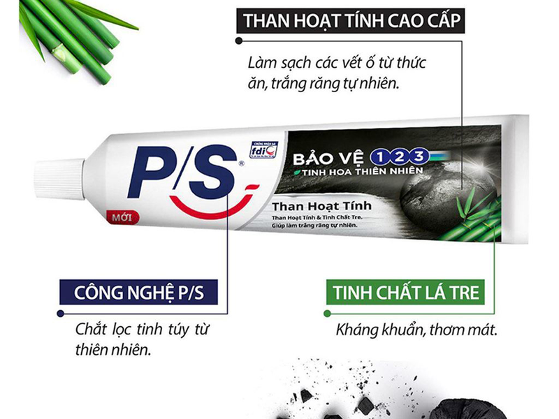 Kem đánh răng P/S bảo vệ 123 than hoạt tính trắng răng tự nhiên 180g