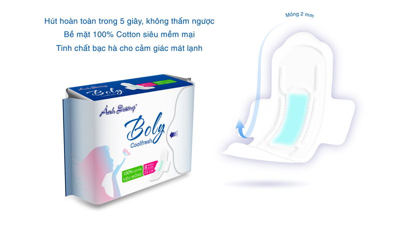 Combo 2 tặng 1 - Băng vệ sinh Ánh Dương BOLY bạc hà có cánh túi nắp tiện lợi