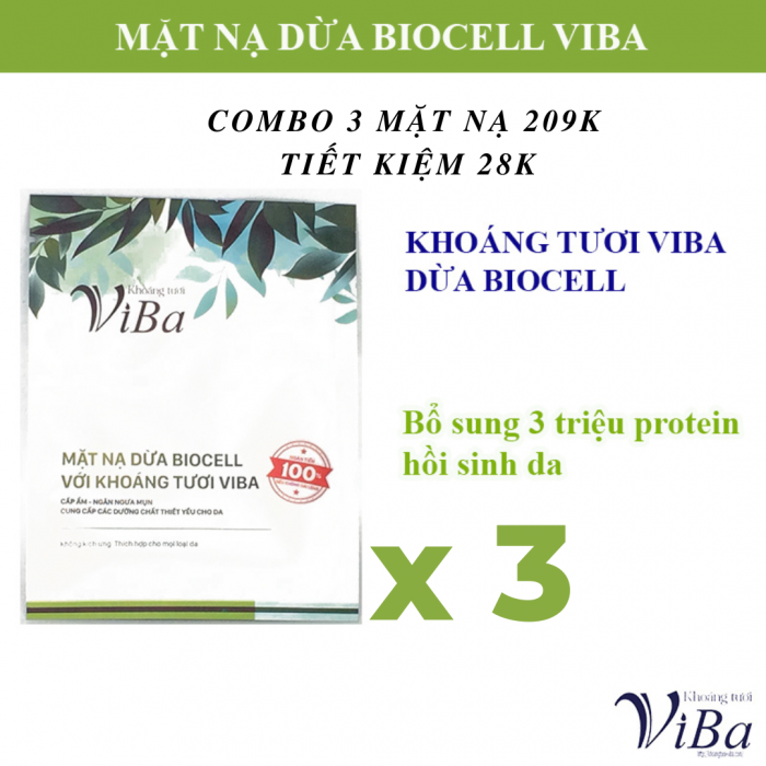 Combo 3 mặt nạ dừa Biocell VIBA dưỡng ẩm, dưỡng da, cấp ẩm, giảm mụn, giúp sáng da - GIT Store