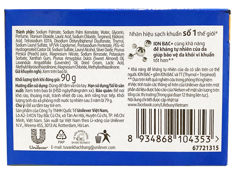 Xà bông cục Lifebuoy bảo vệ khỏi 99.9% vi khuẩn gây bệnh và chăm sóc da tự nhiên 90g