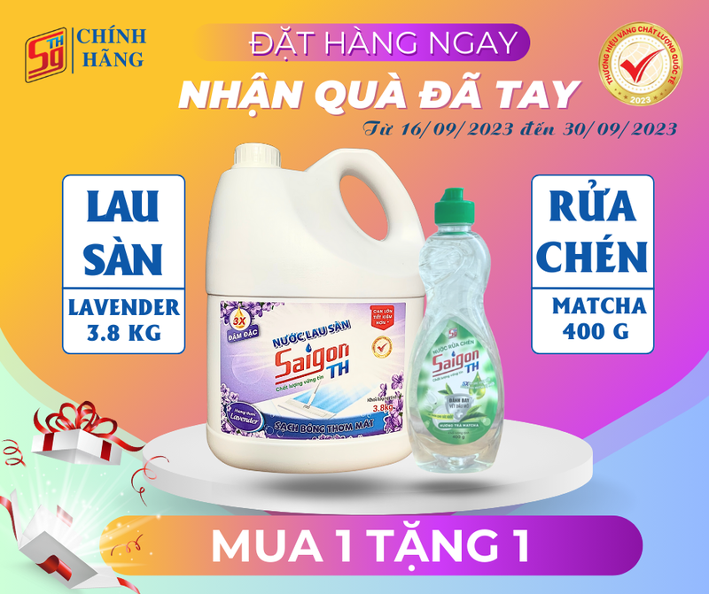(MUA 1 TẶNG 1) Nước lau sàn Saigon TH 3.8kg hương Lavender TẶNG 1 rửa chén 400g matcha