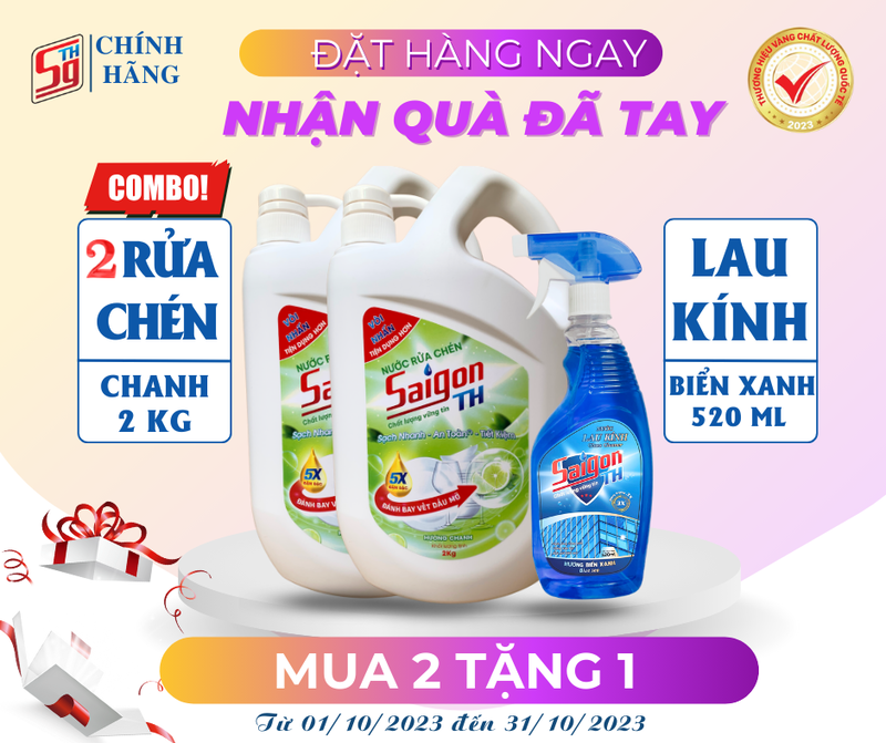 (MUA 2 TẶNG 1) 2 chai Nước rửa chén Saigon TH 2kg Chanh TẶNG 1 chai lau kính 520ml