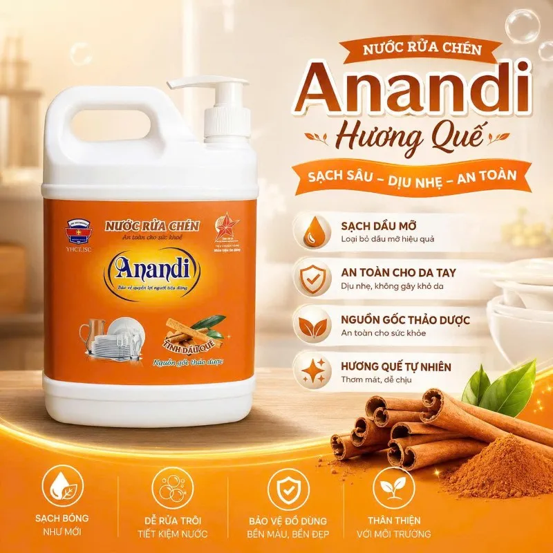 Nước rửa chén bát Anandi can 1300ml gốc tự nhiên, hương quế