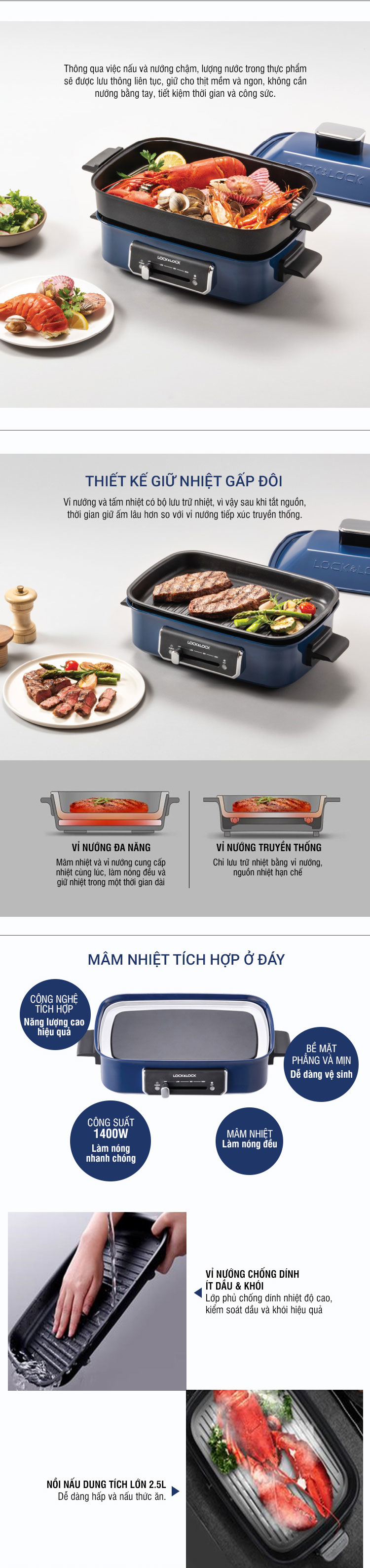 Nồi Điện Đa Năng LocknLock 2.5L - Màu Navy - EJG556
