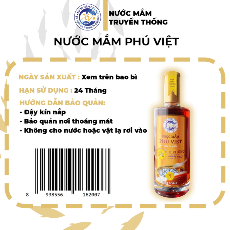 Nước Mắm Cá Cơm Phú Việt  - 40 ĐỘ Chai  500ml