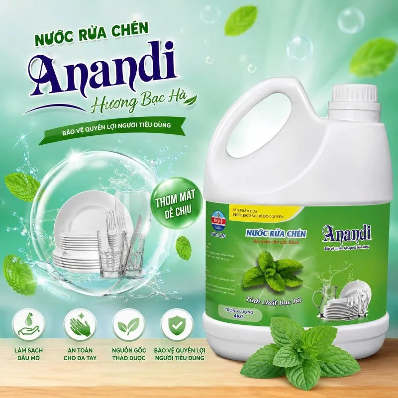 Nước rửa chén Anandi can 4kg Gốc thực vật tự nhiên - bạc hà