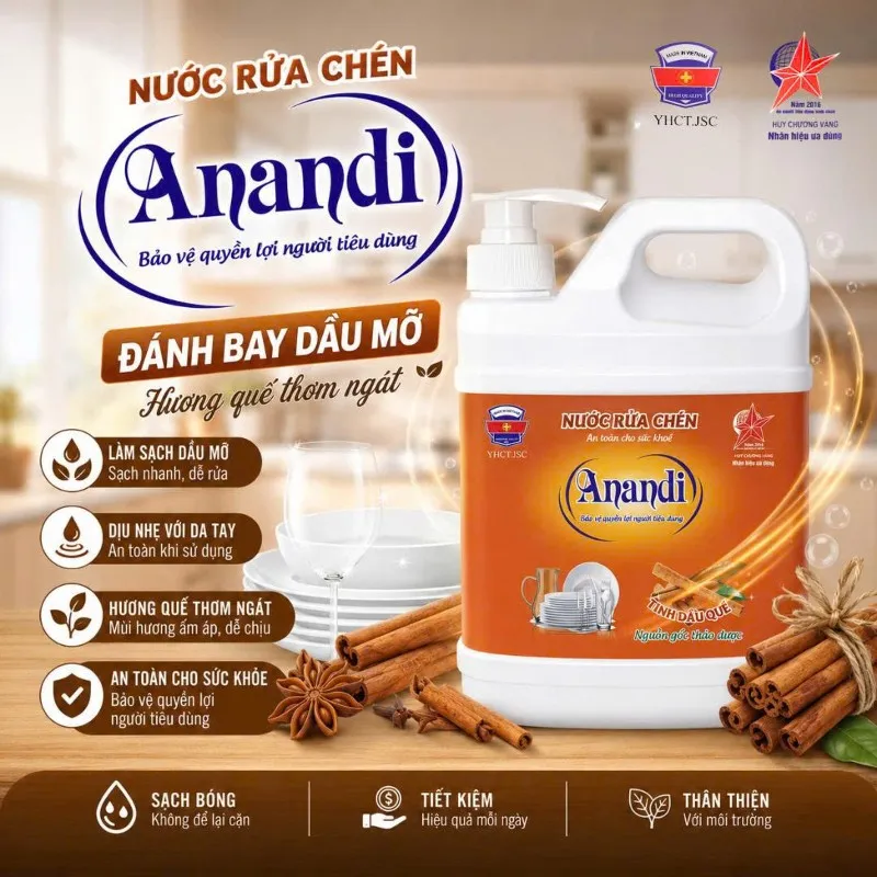 Nước rửa chén bát Anandi can 1300ml gốc tự nhiên, hương quế