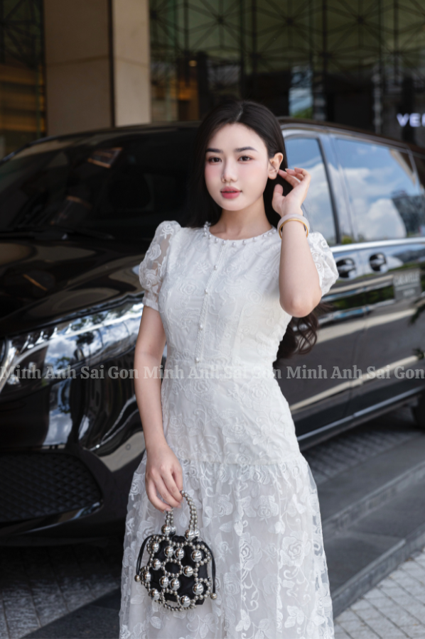 ĐẦM CỔ REN TƠ HOA TRẮNG MINH ANH 010425 - ĐẦM TƠ HOA TRẮNG TINH KHÔI, TRANG NHÃ