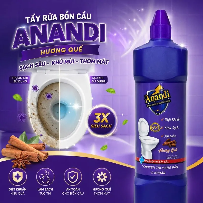 Nước Tẩy Bồn Cầu Anandi - Chai 960ml diệt khuẩn - Tiện lợi, đa năng, Sạch Bóng Mọi Vết Ố