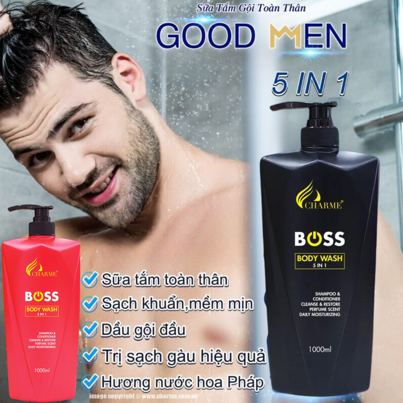 Sữa Tắm Gội Toàn Thân 5IN1 CHARME BOSS BODY WASH Đỏ 1000ml Nam Tính Mạnh Mẽ