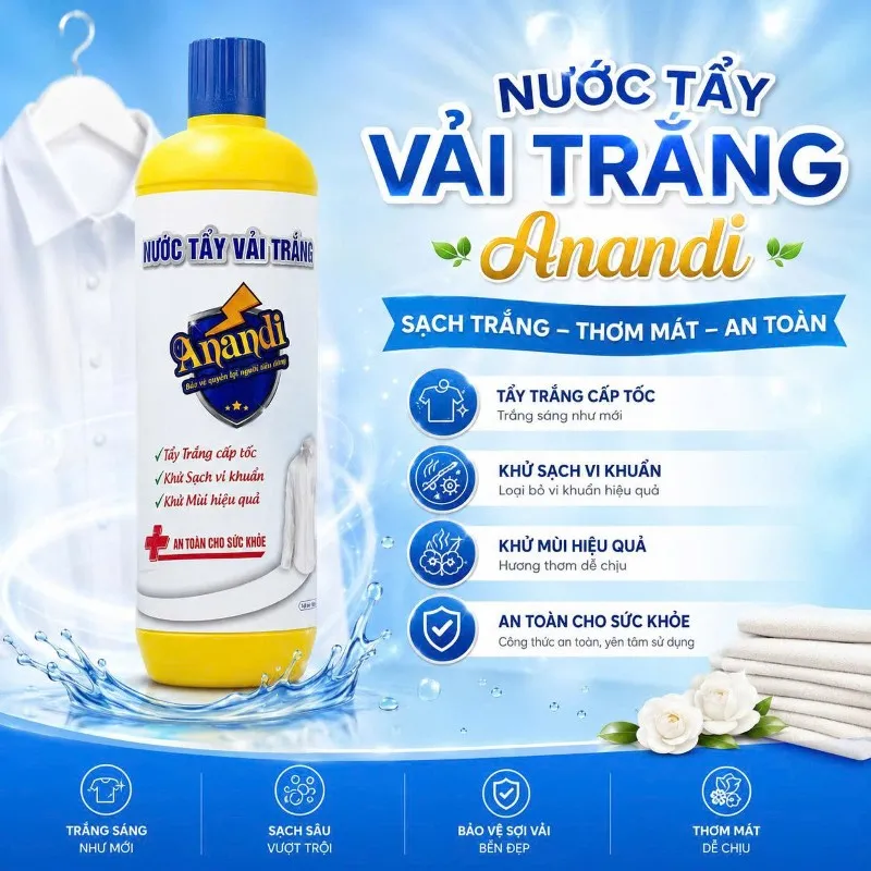 Nước Tẩy quần áo Anandi chính hãng tẩy trắng các vết ố vàng và mốc đen khử mùi hôi quần áo 550ml