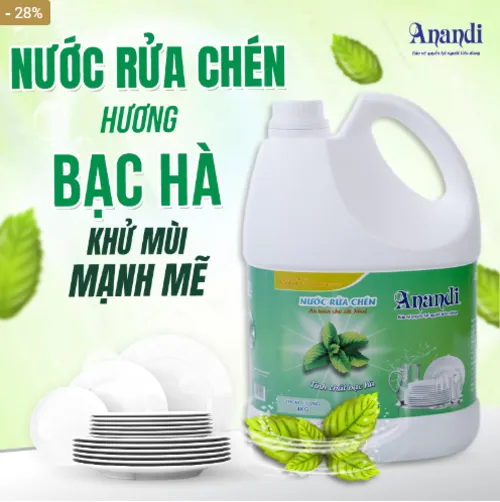 Nước rửa chén Anandi can 4kg Gốc thực vật tự nhiên - bạc hà