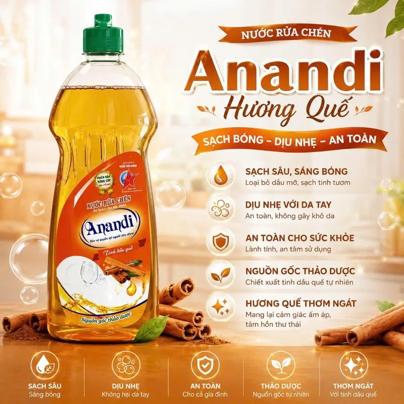 Nước rửa chén bát ANANDI dung tích 750ml -  An toàn cho da hương Quế