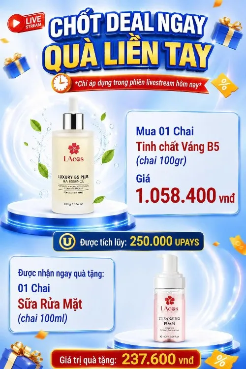 MUA 1 TINH CHẤT VÀNG DƯỠNG DA LACOS TẶNG NGAY 1 SỮA RỬA MẶT LACOS