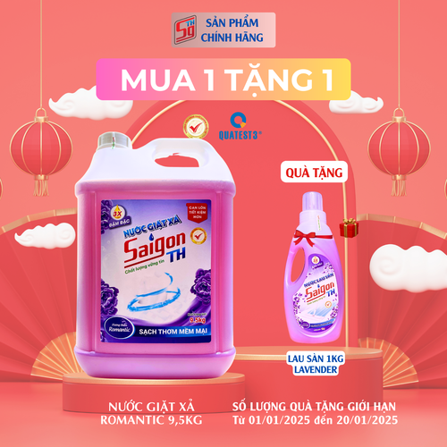 (MUA 1 TẶNG 1) Nước giặt xả Saigon TH 9.5kg hương thơm Romantic TẶNG Lau sàn 1kg Lavender