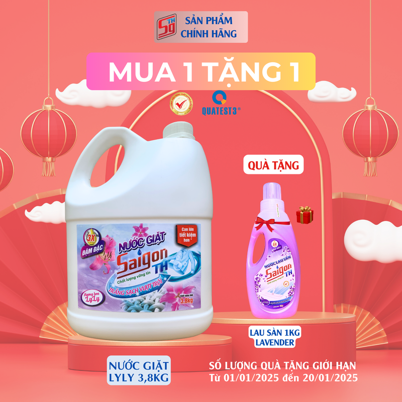 (MUA 1 TẶNG 1) Nước giặt Saigon TH 3.8kg hương hoa Lyly TẶNG lau sàn 1kg Lavender