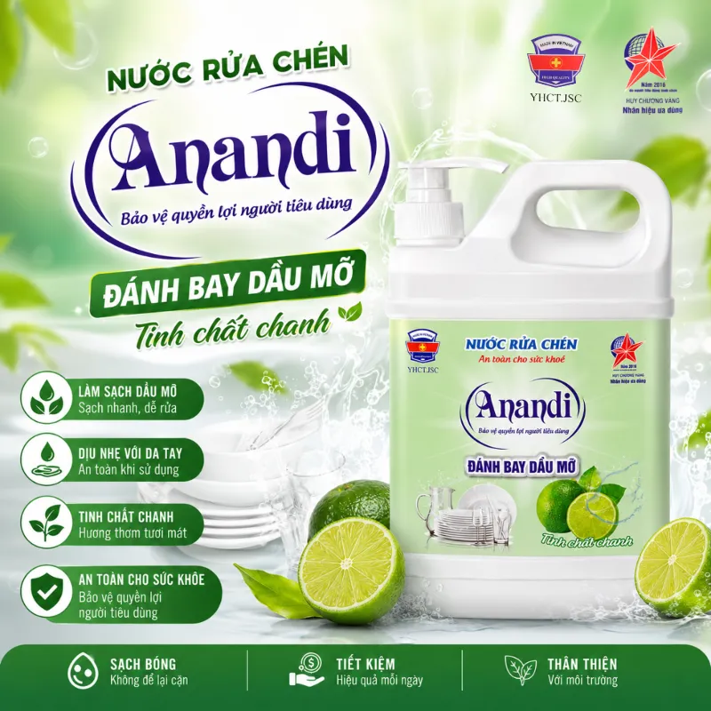 Nước rửa chén bát Anandi can 1600ml gốc tự nhiên, hương chanh