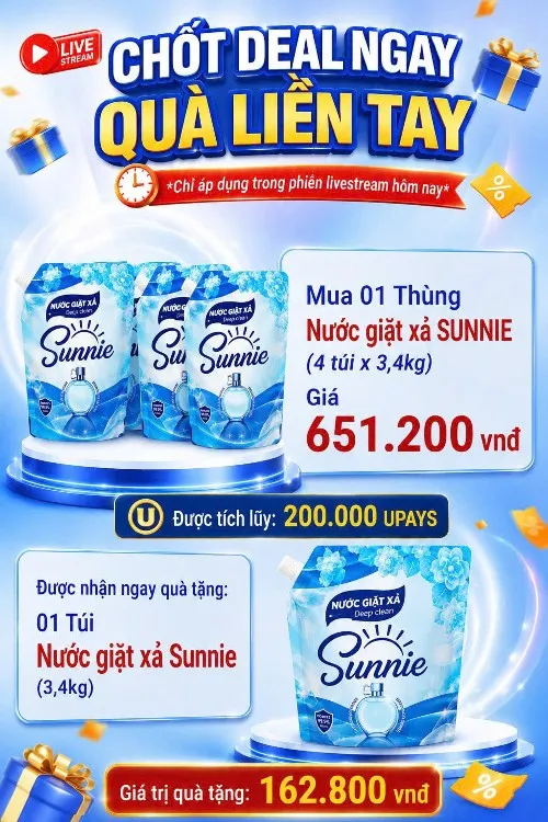 MUA 1 THÙNG NƯỚC GIẶT SUNNIE TẶNG NGAY 1 TÚI NƯỚC GIẶT SUNNIE
