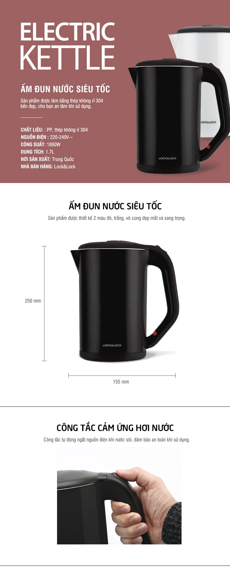 Ấm đun nước dùng điện bằng thủy tinh Lock&Lock