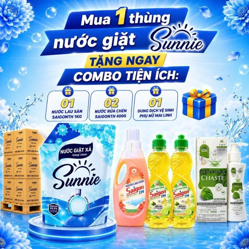 MUA 1 THÙNG NƯỚC GIẶT SUNNIE 3,4 KG TẶNG NGAY COMBO TIỆN ÍCH