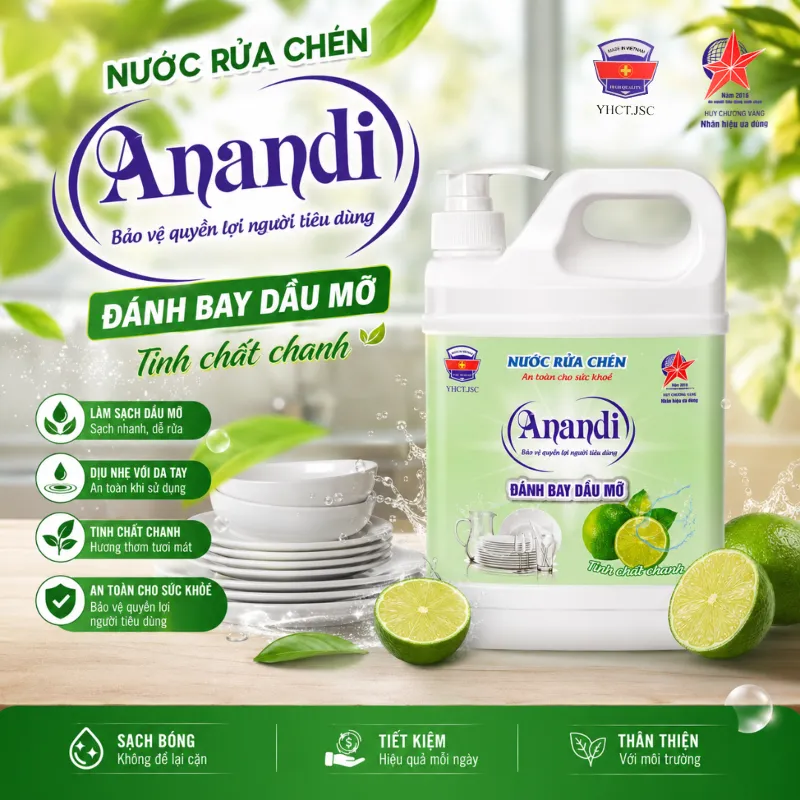 Nước rửa chén bát Anandi can 1600ml gốc tự nhiên, hương chanh