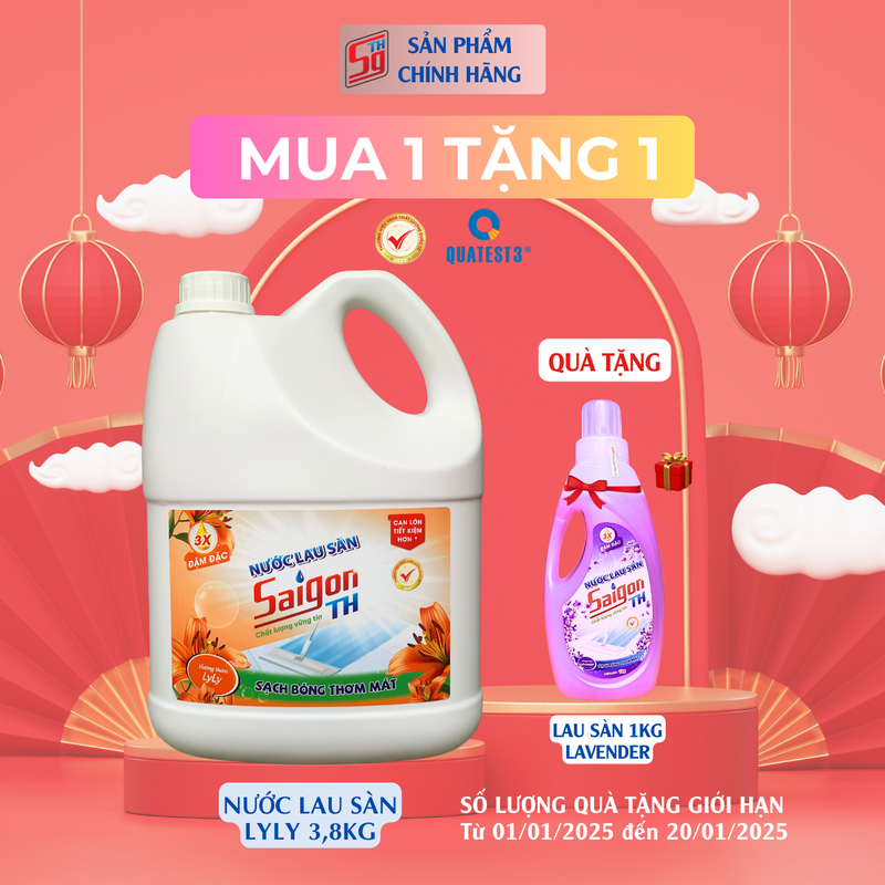 )MUA 1 TẶNG 1) Nước lau sàn Saigon TH 3,8kg hương hoa Lyly TẶNG lau sàn 1kg Lavender