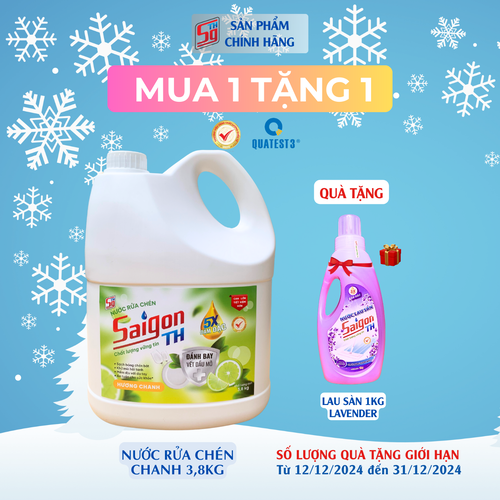 (MUA 1 TẶNG 1) Nước rửa chén Saigon TH 3.8kg hương Chanh TẶNG lau sàn 1kg lavender