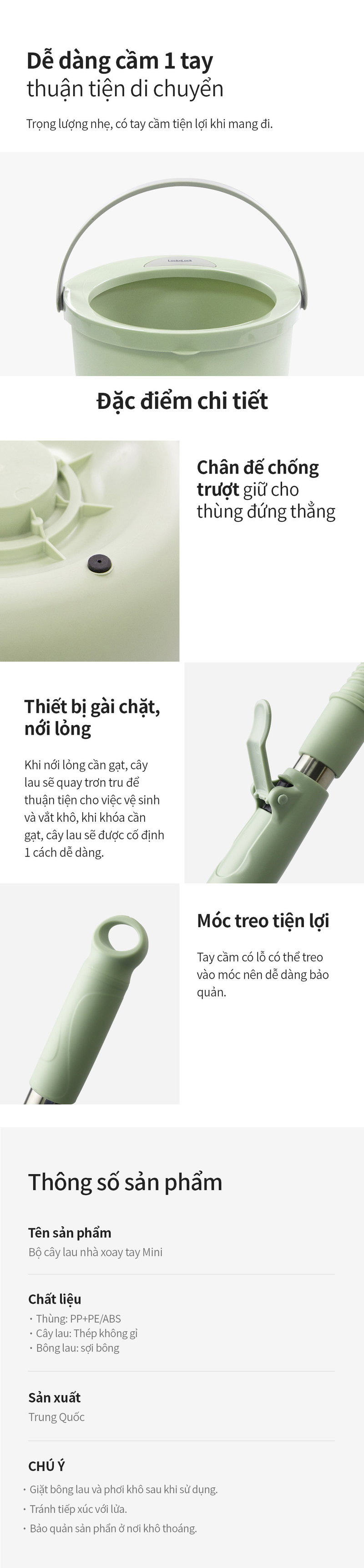 Bộ Cây Lau Nhà Mini Spin Mop & 4 Bông Lau Sàn - Màu Xanh Mint - LocknLock - ETM498MITS2