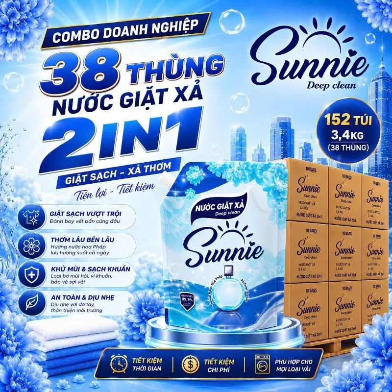 [ĐẶT TRƯỚC ] FREESHIP TỐI ĐA 1 TRIỆU- COMBO 38 THÙNG NƯỚC GIẶT XẢ SUNNIE DEEP CLEAN 2IN1 ( 3,4 KG) - GIAO HÀNG TỪ NGÀY 15-07