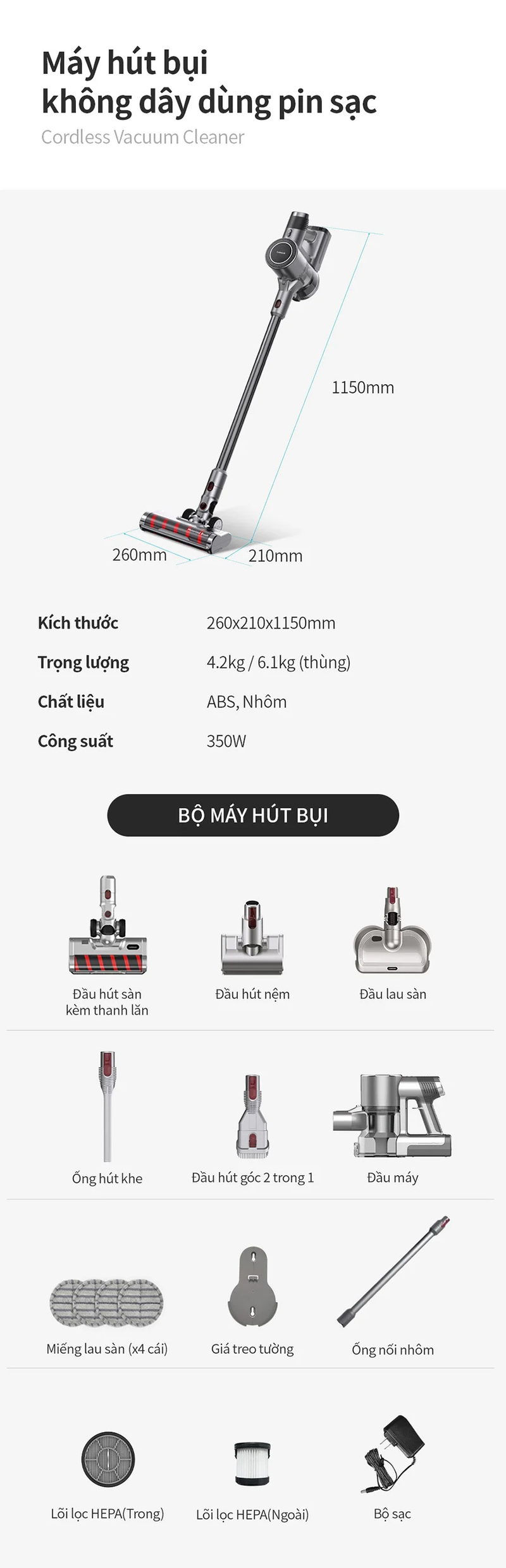 Máy Hút Bụi Không Dây Dùng Pin Sạc LocknLock ENV356GRY
