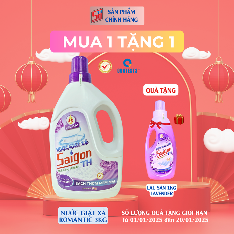 (MUA 1 TẶNG 1) Nước giặt xả Saigon TH 3kg hương thơm Romantic TẶNG lau sàn 1kg lavender