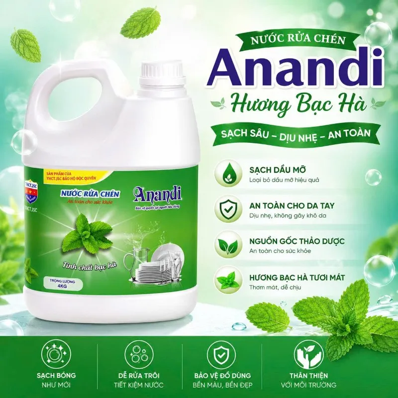 Nước rửa chén Anandi can 4kg Gốc thực vật tự nhiên - bạc hà