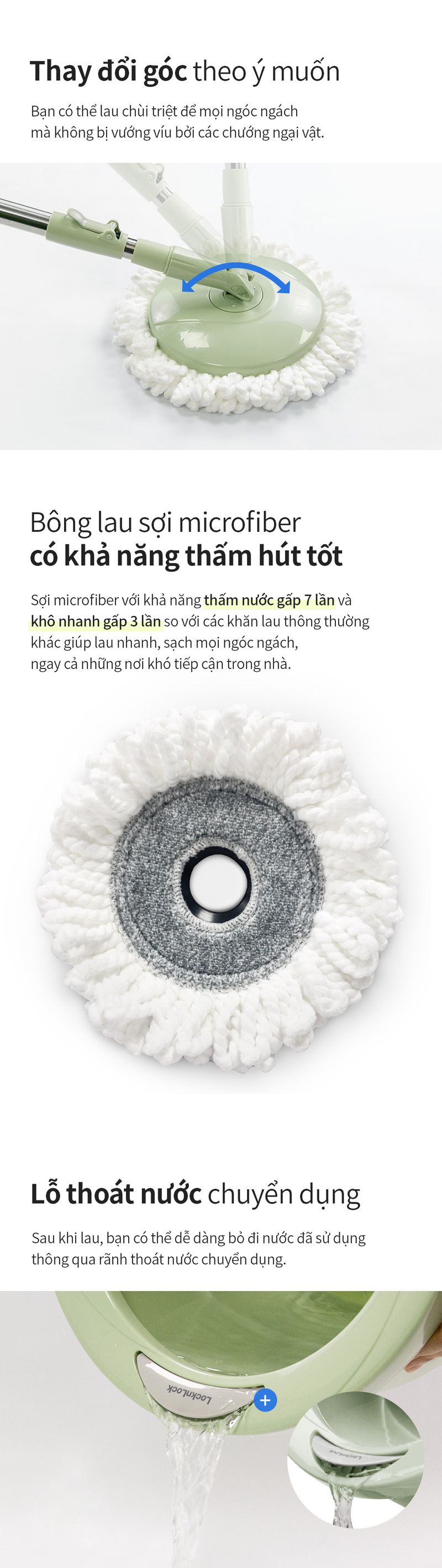 Bộ Cây Lau Nhà Mini Spin Mop & 4 Bông Lau Sàn - Màu Xanh Mint - LocknLock - ETM498MITS2