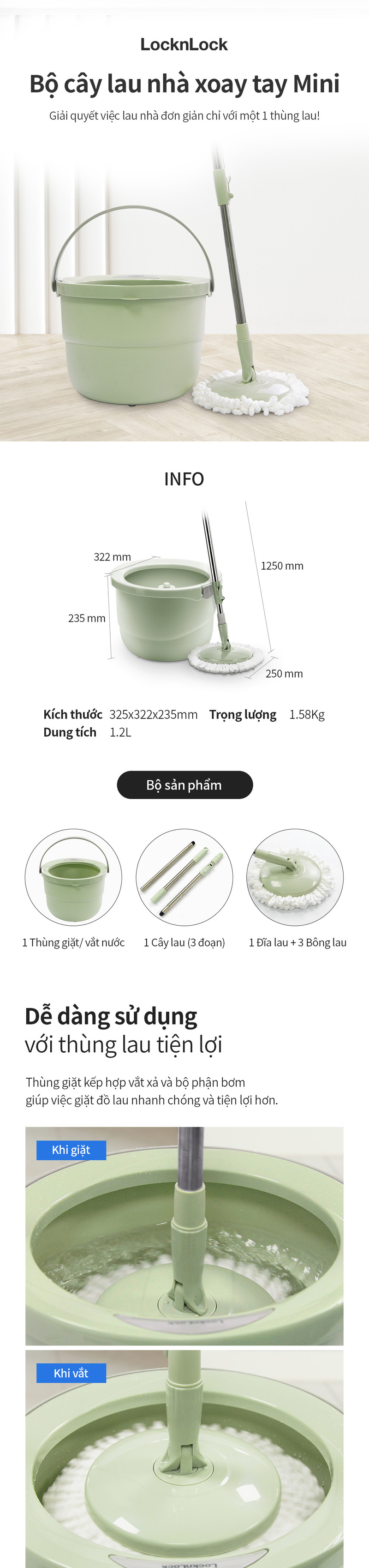 Bộ Cây Lau Nhà Mini Spin Mop & 4 Bông Lau Sàn - Màu Xanh Mint - LocknLock - ETM498MITS2