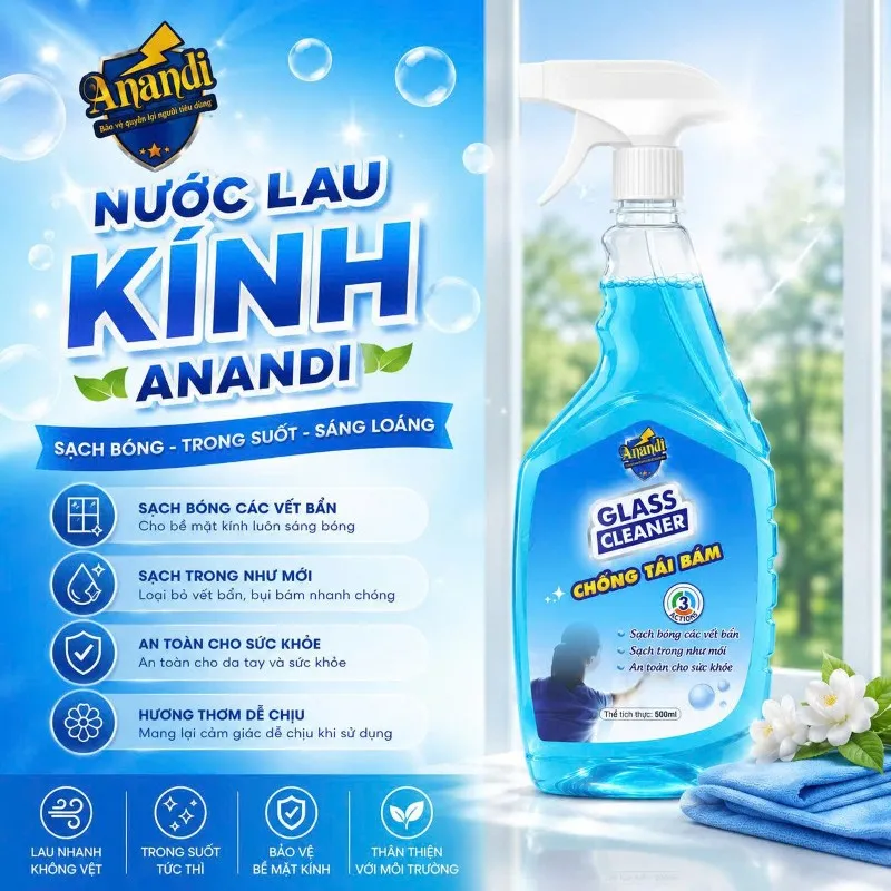 Nước Lau Kính Anandi Đa Năng Chai 500ml Chống Bám Bụi Hiệu Quả Sạch trong suốt, không tỳ vết