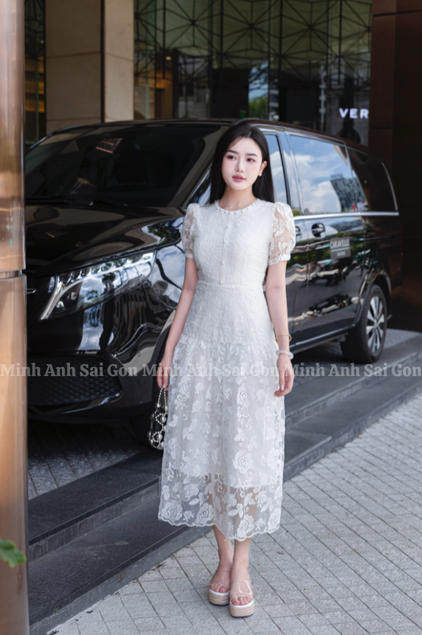 ĐẦM CỔ REN TƠ HOA TRẮNG MINH ANH 010425 - ĐẦM TƠ HOA TRẮNG TINH KHÔI, TRANG NHÃ