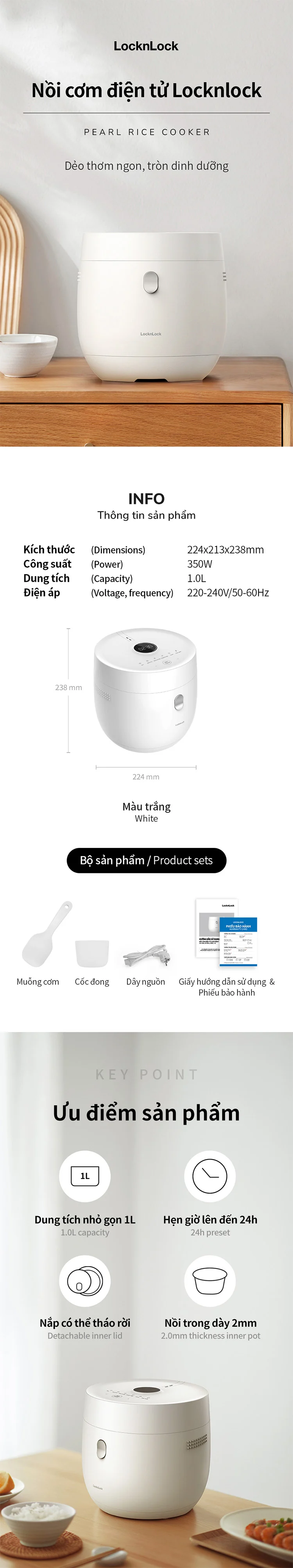 Nồi cơm điện tử Locknlock Pearl rice cooker 220-240V, 50-60Hz, 350W, 1.0L- Màu trắng - EJR376WHT