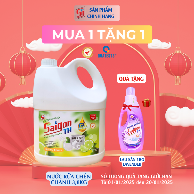 (MUA 1 TẶNG 1) Nước rửa chén Saigon TH 3.8kg hương Chanh TẶNG lau sàn 1kg lavender